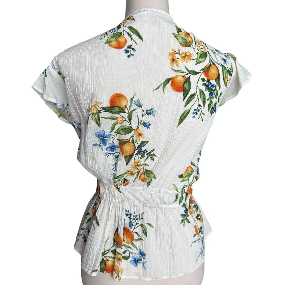 Time and Tru Citrus Floral Peplum Blouse White Blue Flowers Oranges Large - Picture 2 of 6